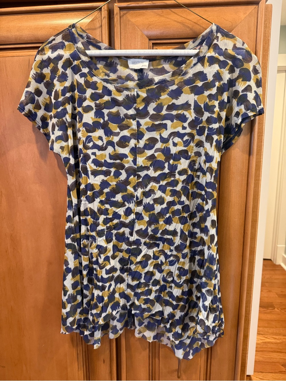 Anthropologie Weston Blue & Mustard Printed Short Sleeve Top
